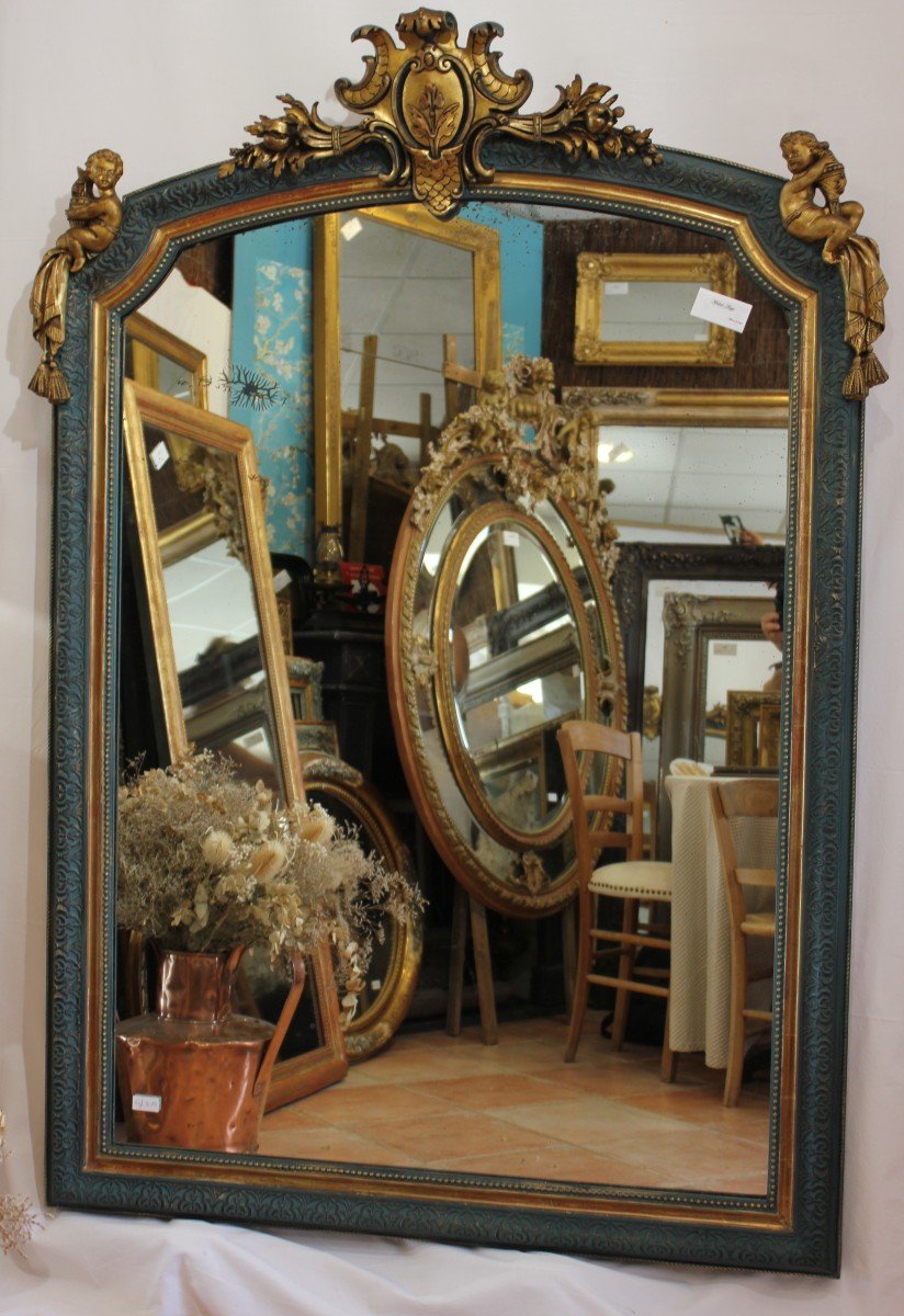 Large Old Mirror With Cherubs And Pediment, Gold Leaf And Patina 113 X 160 Cm
