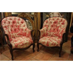 Paire De Fauteuils bergères gondoles Louis Philippe, Tapisserie capitonnée, Toile De Jouy