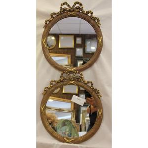 Paire De Miroirs Ronds Nœud et croisillons Louis XVI, Patine Et Feuille d'Or 35 X 40 Cm