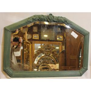 Miroir Ancien,  Art-déco à Suspendre, Glace Biseautée, Patine Ton Vert 61 X 82 Cm
