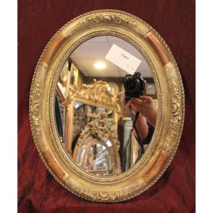 34 X 43 Cm, Miroir Médaillon Ovale, Feuilles d'Or Et Patine
