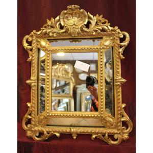 Small Napoleon III Mirror, Golden Wood With Louis XV Style Beading, 56 X 69 Cm