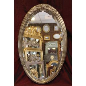  52 X 83 Cm, Miroir Ovale Métal Argenté Art-déco (Süe Et Mare), Glace Biseautée