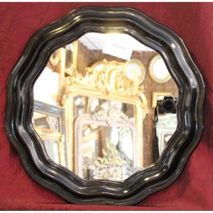 Diamètre 51 Cm , Miroir Rond Napoléon III, Bois Laqué Noir 