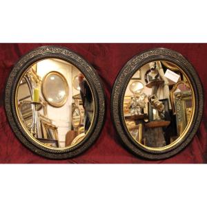 47 X 54 Cm Pair Of Oval Mirrors, Napoleon III Medallion, Black And Gold