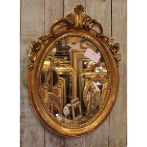 44 X 58 Cm Miroir Ovale perlé Napoléon III, Feuille d'Or Et Glace Biseautée