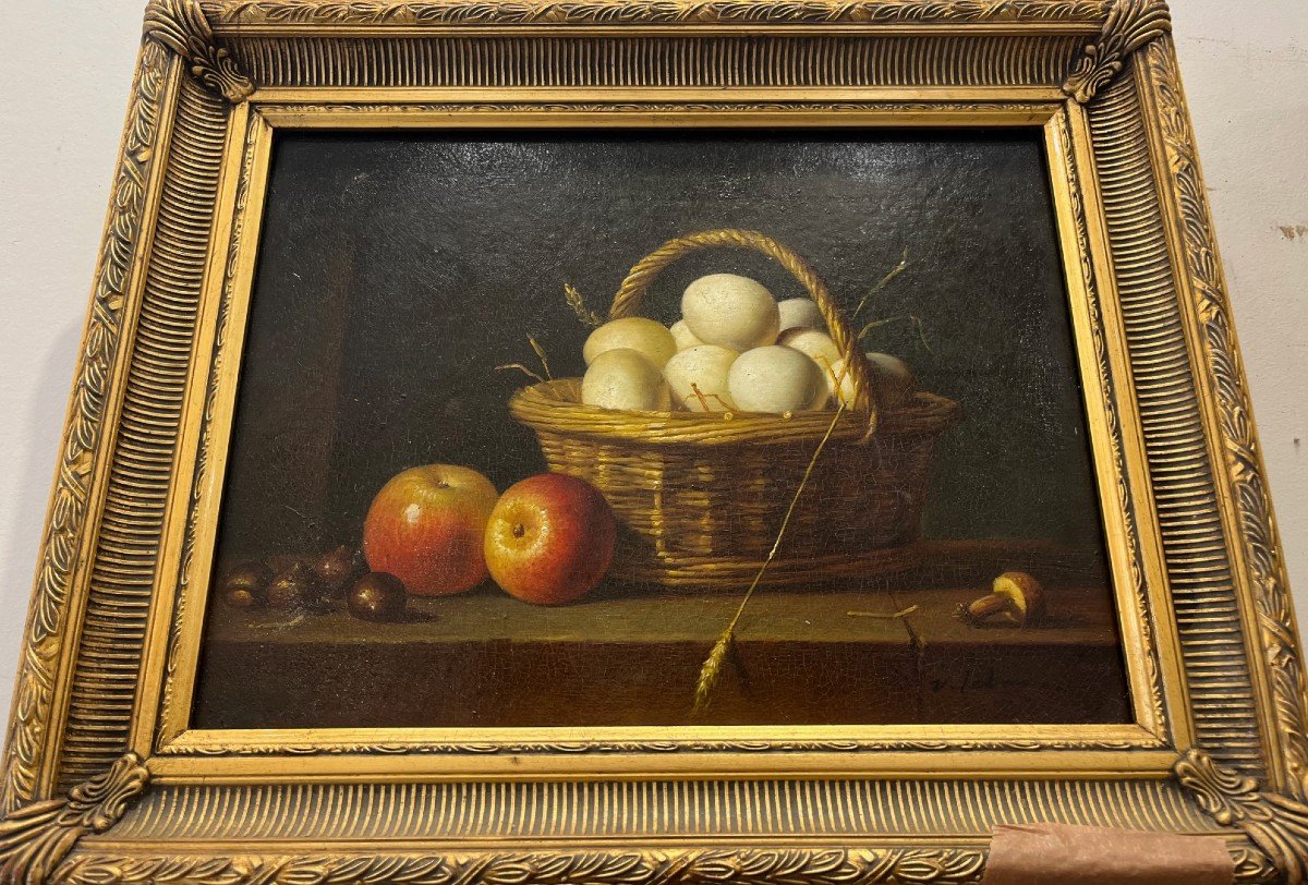 Still Life Painting With Basket Of Eggs 