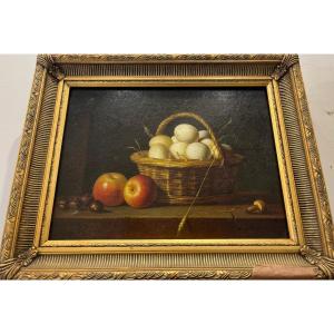 Still Life Painting With Basket Of Eggs 