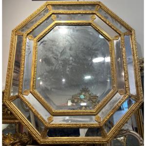  Miroir 70*77cm Octogonal En Relief Doré Feuilles d'Or, Age 1950