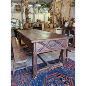 Farmhouse Table And Two Oak Benches