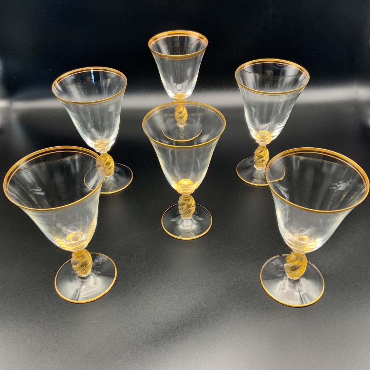 Murano 6 Wine Glasses, Blown Glass With Gold Inclusions-photo-2