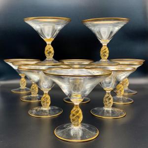 Murano 11 Coupes à Champagne Verre Soufflé à Inclusions D’or