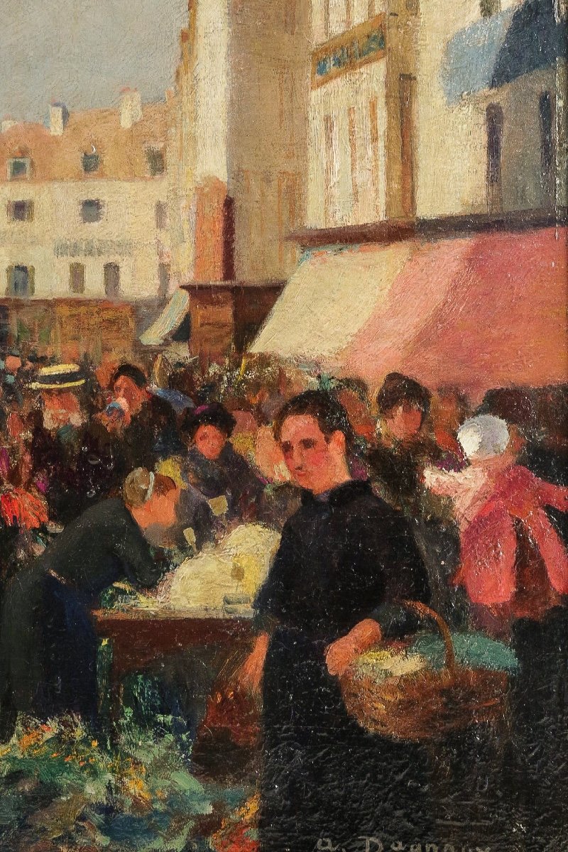 Albert Dagnaux Oil On Canvas Market Day On The Town Hall Square Of Mantes La Jolie Circa 1900-photo-4