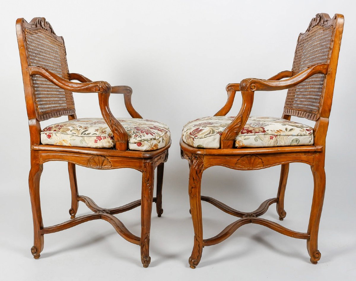 Pair Of French Regence-period Beech Cane-back Armchairs Circa 1715-1723-photo-3