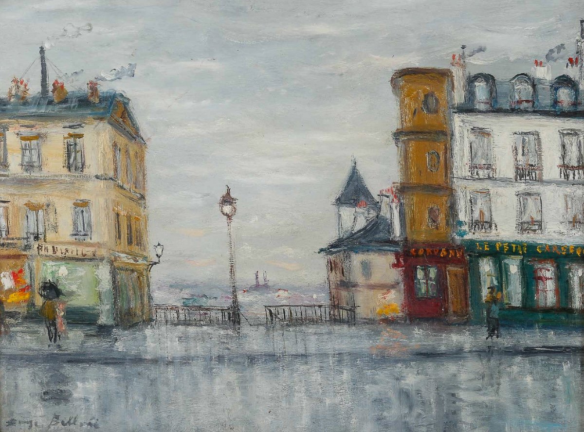 Serge Belloni  1925-2005 « le Peintre De Paris » - La Rue Piat  Huile Sur Panneau Vers 1960-photo-2