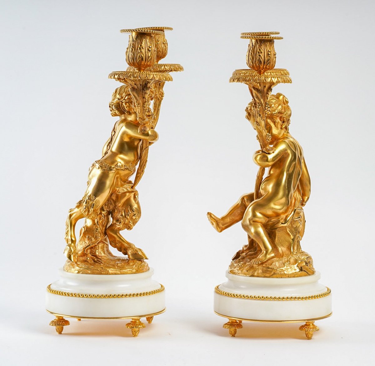 Pair Of Louis XVI Style Candelabra In Gilt Bronze A Love And A Faun 19th Century-photo-2