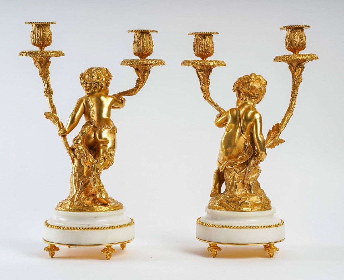 Pair Of Louis XVI Style Candelabra In Gilt Bronze A Love And A Faun 19th Century-photo-3