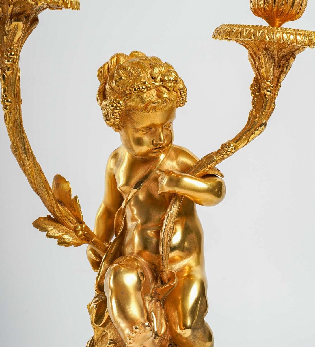 Pair Of Louis XVI Style Candelabra In Gilt Bronze A Love And A Faun 19th Century-photo-2