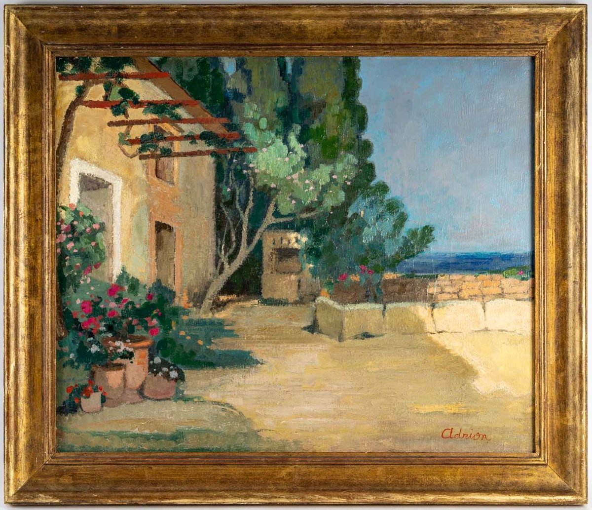 Lucien Adrion (1889-1953) - Huile Sur Toile Vers 1920-1930 - Une Terrasse Sur La Méditerranée -photo-6