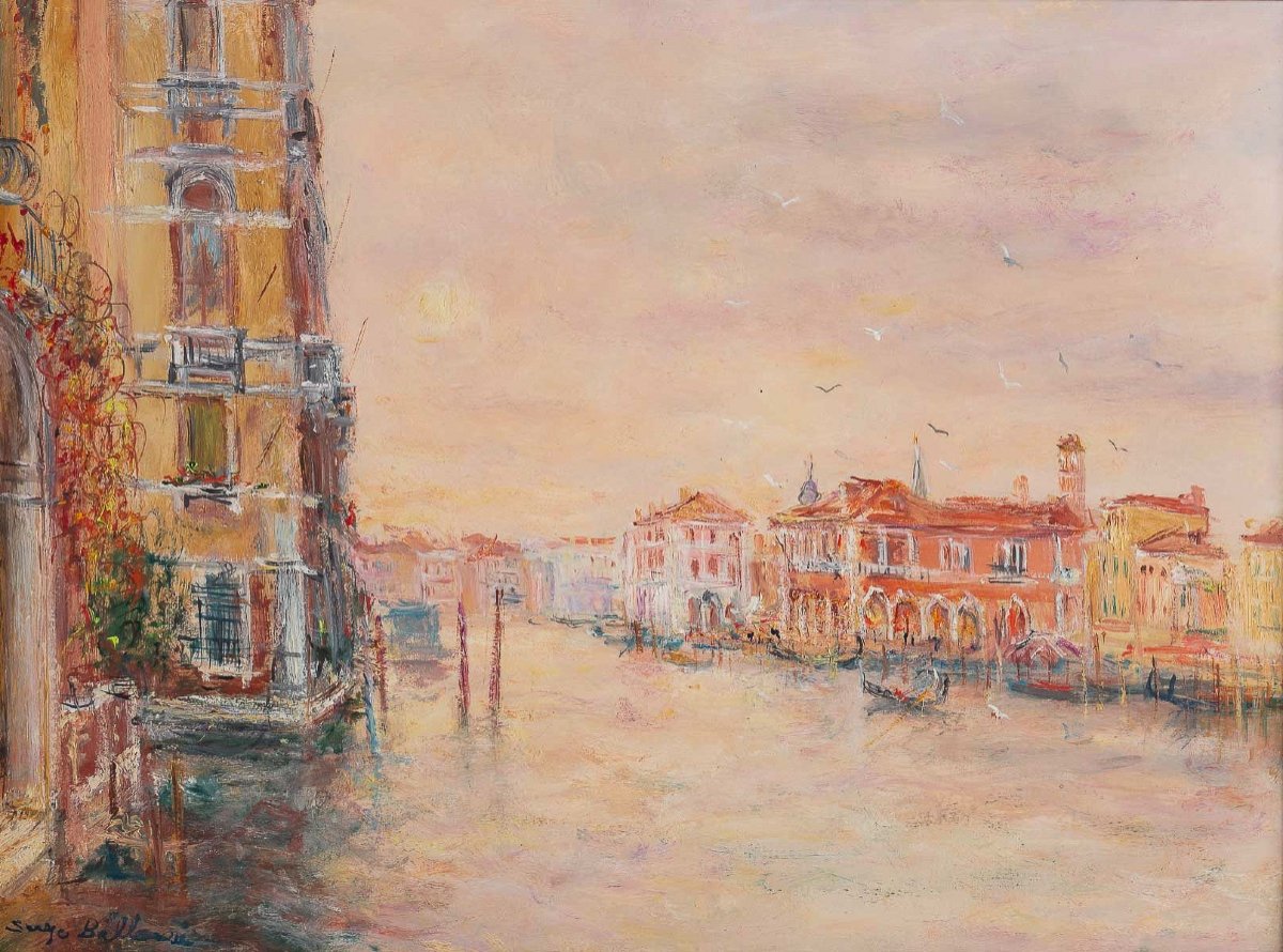 Serge Belloni “the Painter Of Paris” - Dawn Over Venice Oil On Panel Circa 1970-photo-2