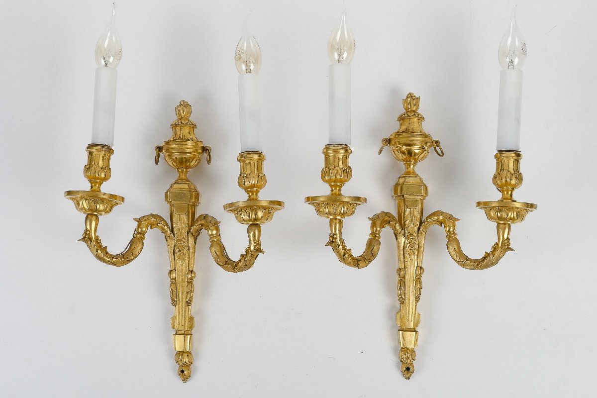 Paire D’appliques D’époque Louis XVI à Deux Bras De Lumière En Bronze Doré Vers 1780-photo-2