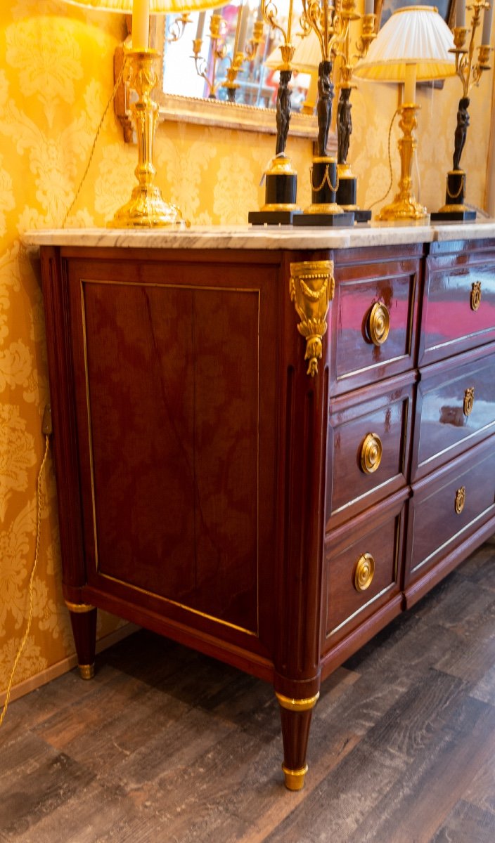 Louis XVI Period Mahogany Commode With White Marble Top, Stamped By Martin Ohneberg-photo-3