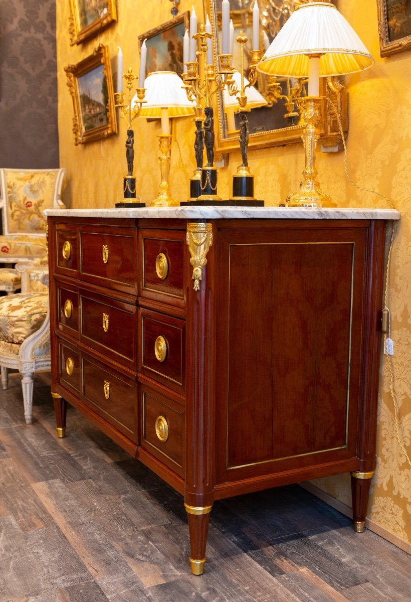 Louis XVI Period Mahogany Commode With White Marble Top, Stamped By Martin Ohneberg-photo-6