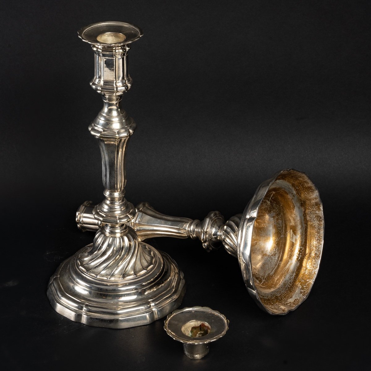 Pair Of Silver-plated Bronze Candlesticks With Cut-off Shafts Régence Period Circa 1720-photo-1