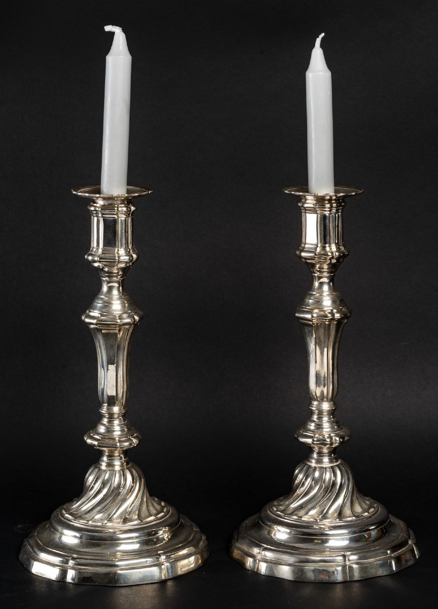 Pair Of Silver-plated Bronze Candlesticks With Cut-off Shafts Régence Period Circa 1720-photo-2