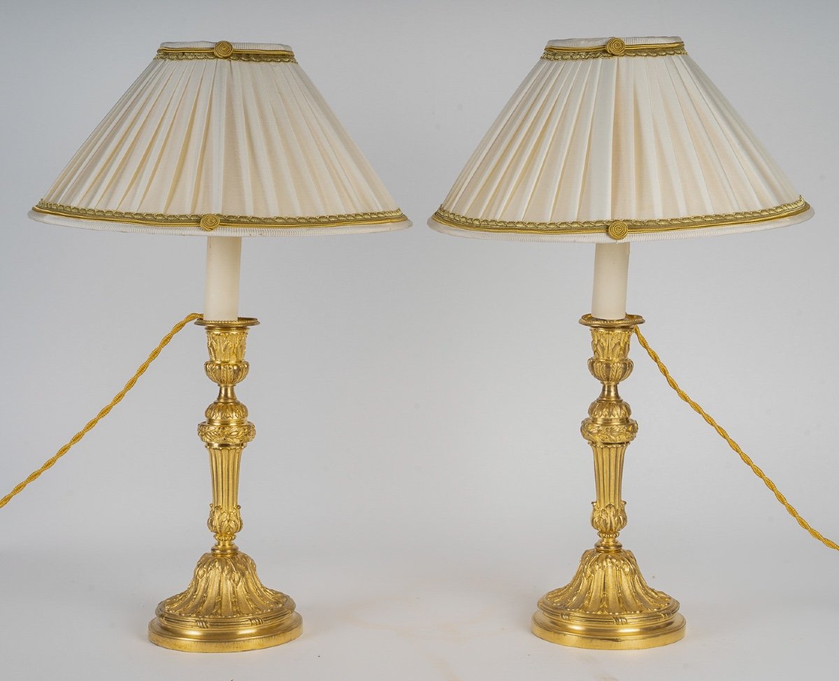 Pair Of Chiseled And Gilded Bronze Candlesticks Mounted As Lamps Of Louis XVI Style-photo-3