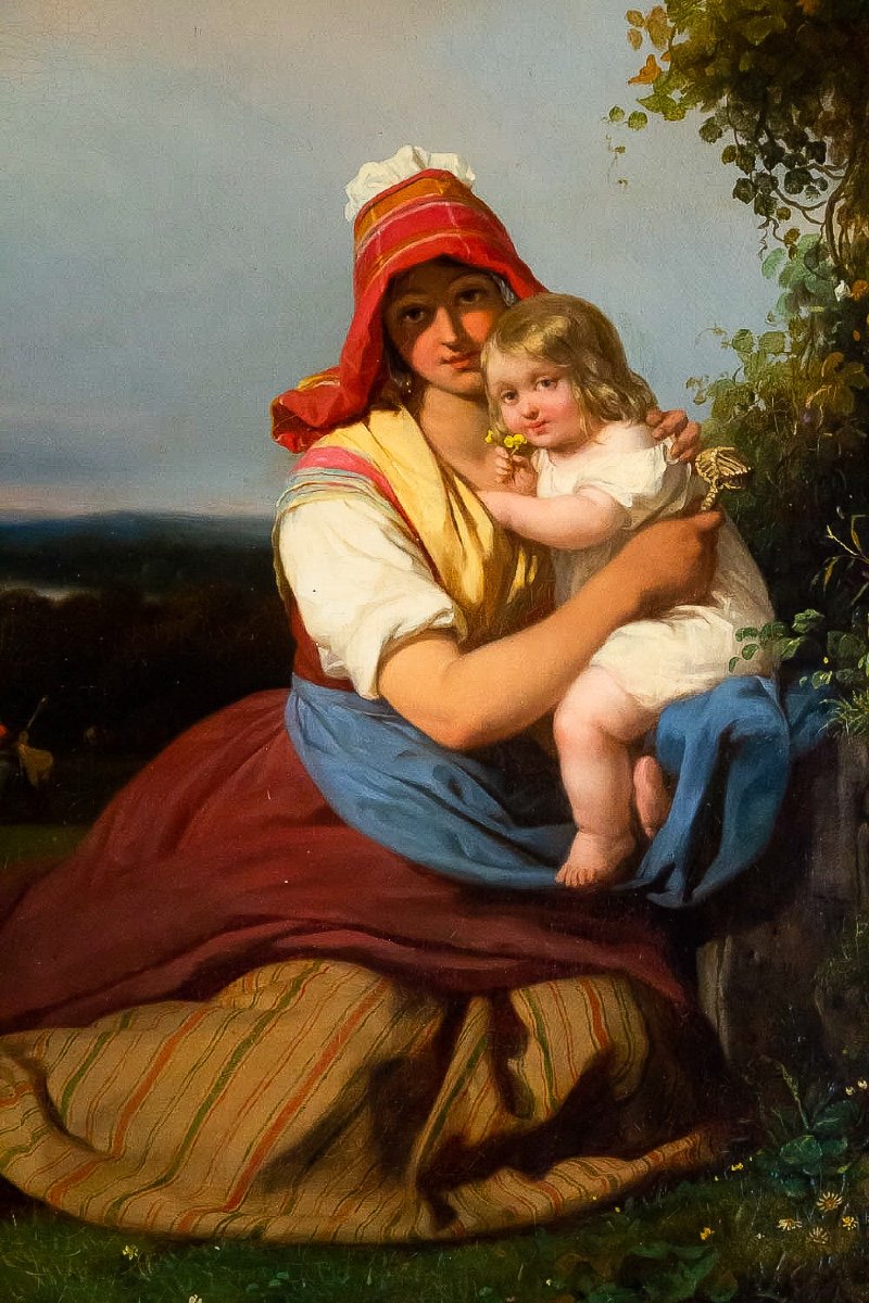 Julien Michel Gué (1789-1843) Portrait Champêtre Femme Et Son Enfant Huile Sur Toile Vers 1820-photo-4