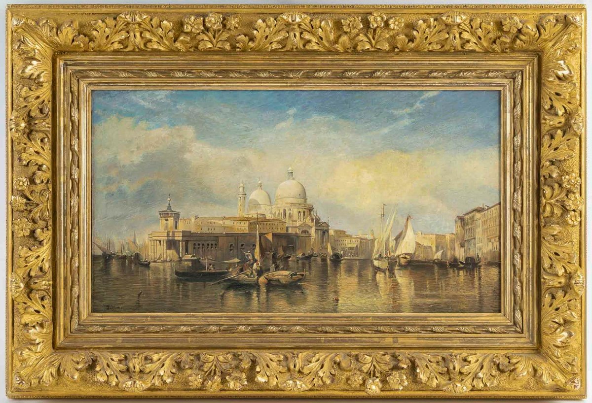 Jane Or John Vivian Vue De La Punta Della Dogana à Venise Huile Sur Panneau Parqueté Vers 1880