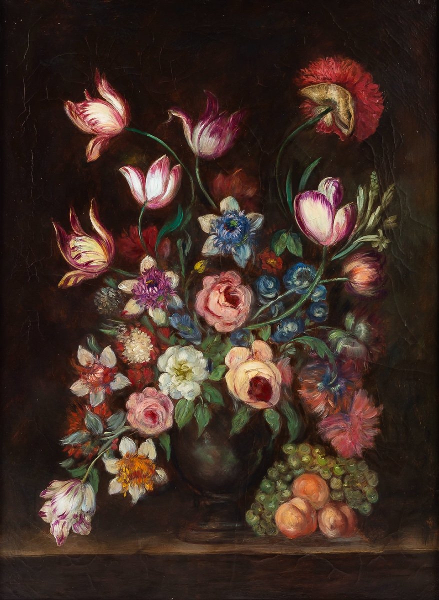 Bouquet Of Tulips, Roses And Fruits On An Entablature Oil On Canvas, Napoleon III Period