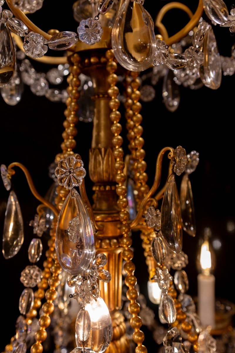 Lustre En Bois Et Bronze Doré De Style Louis XVI à Décor De Cristal Taillé Vers 1880-photo-3