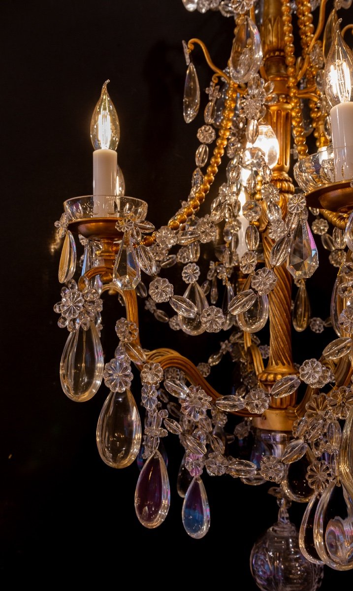 Lustre En Bois Et Bronze Doré De Style Louis XVI à Décor De Cristal Taillé Vers 1880-photo-4