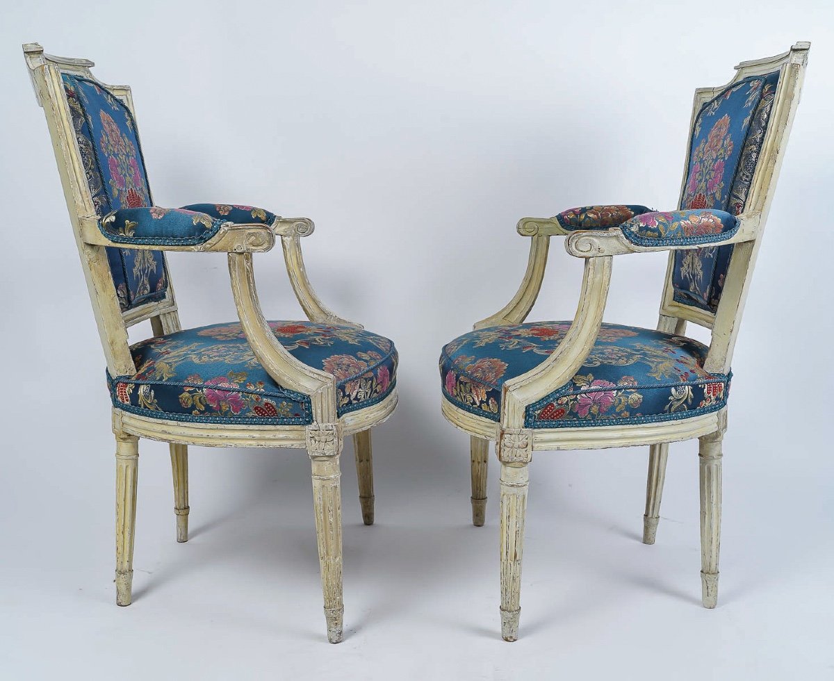 Pair Of Armchairs Of Louis XVI Period With Gendarme Hat Backs In Lacquered Wood Circa 1780-photo-3