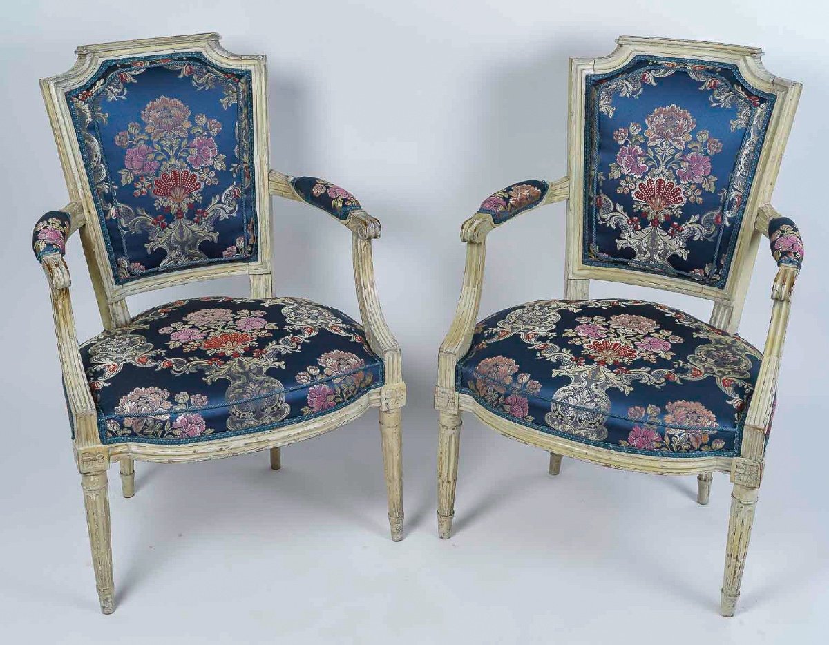Pair Of Armchairs Of Louis XVI Period With Gendarme Hat Backs In Lacquered Wood Circa 1780-photo-5