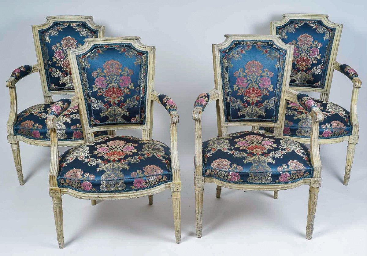 Four Louis XVI Period Armchairs With Gendarme Hat Backs In Lacquered Wood Circa 1780-photo-8