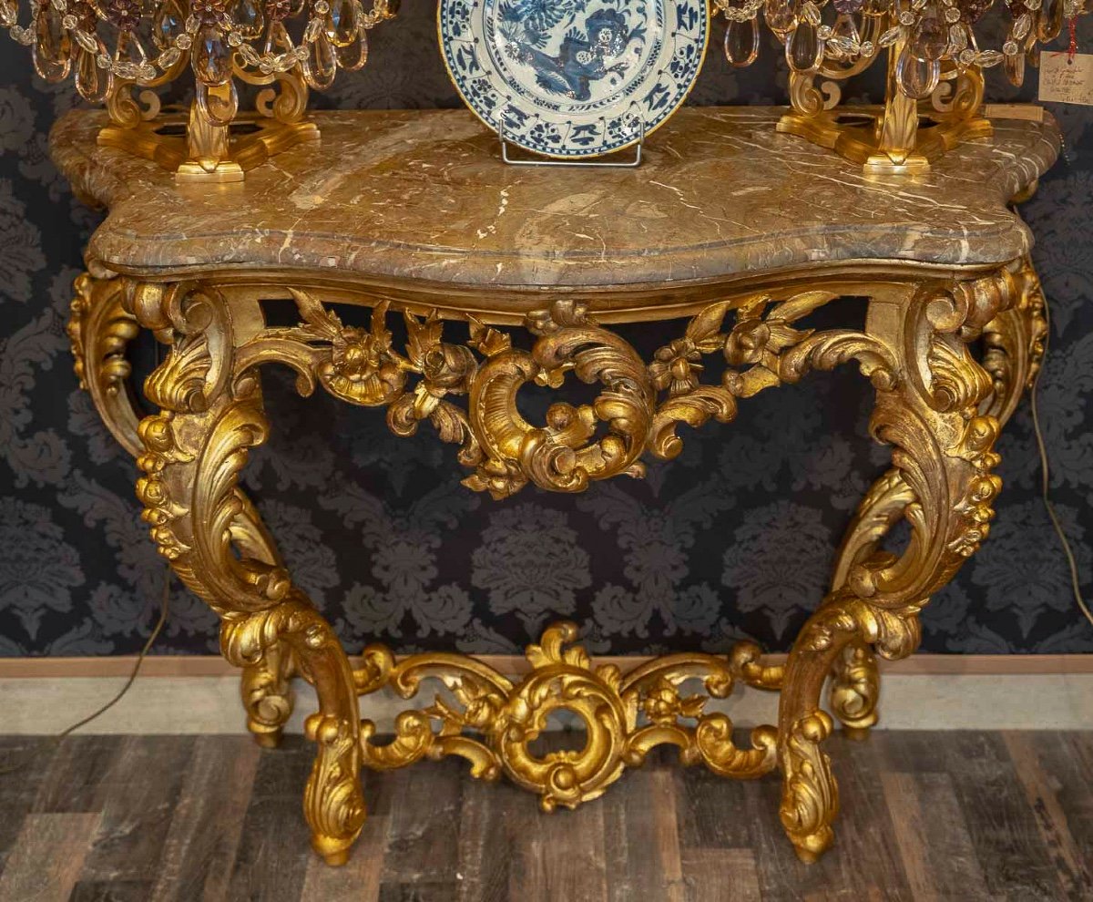 Carved Openwork And Gilded Wood Console With Rocaille Decoration, Italy, Late 18th Century-photo-2