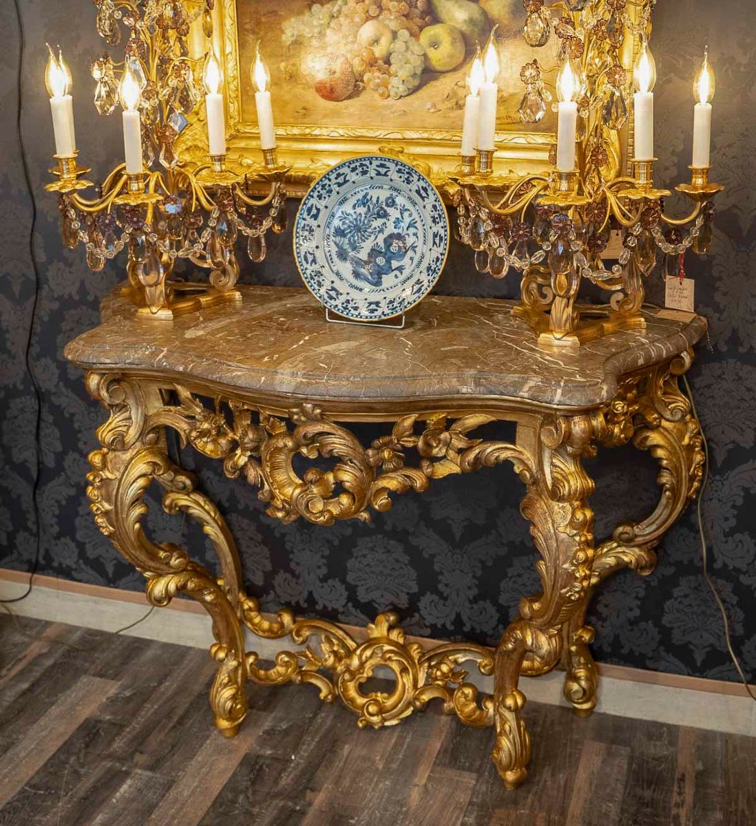 Carved Openwork And Gilded Wood Console With Rocaille Decoration, Italy, Late 18th Century-photo-3