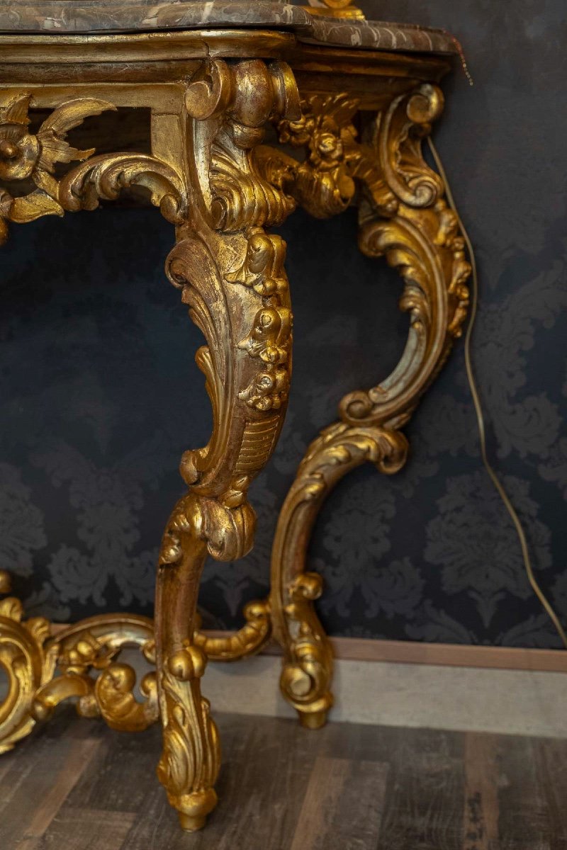 Carved Openwork And Gilded Wood Console With Rocaille Decoration, Italy, Late 18th Century-photo-5