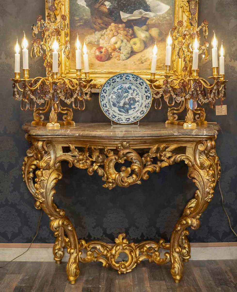 Console En Bois Sculpté Ajouré Et Doré à Décor Rocaille Italie Fin Du XVIIIème Siècle