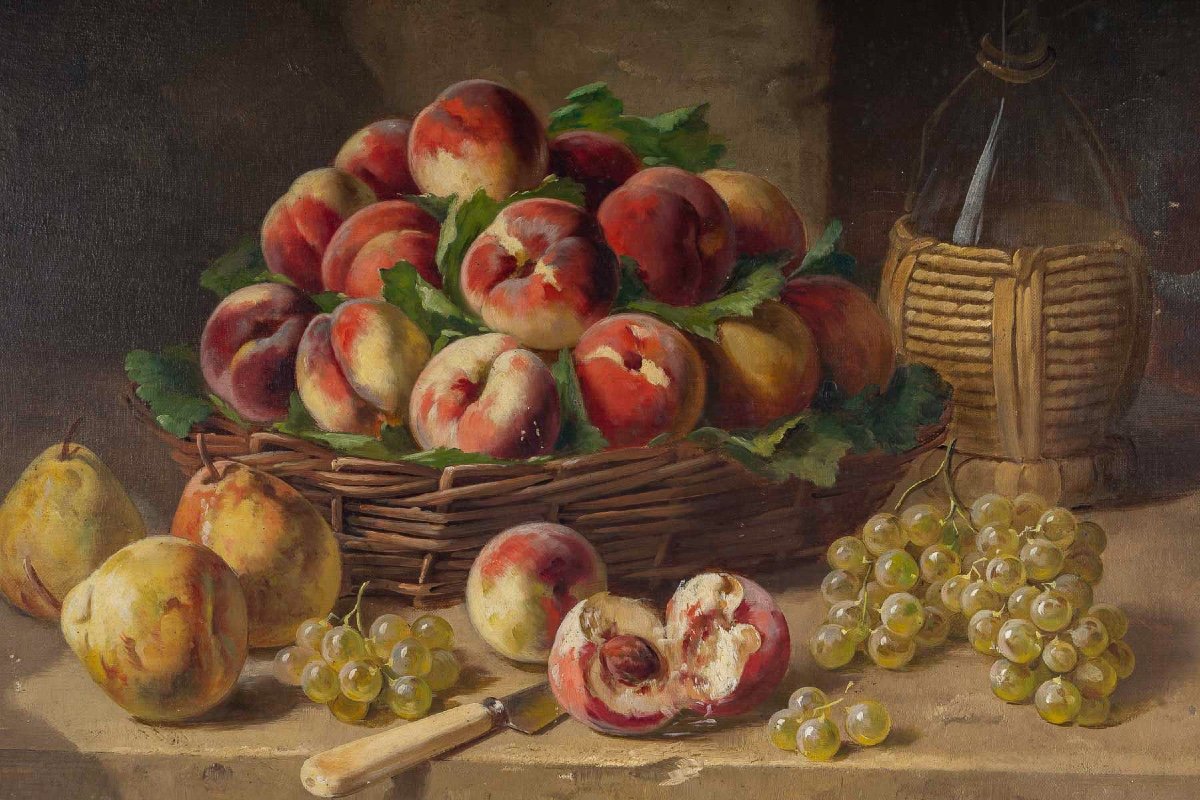 Alfred Arthur Brunel De Neuville Still Life With Peaches Pears And Grapes Oil On Canvas-photo-4