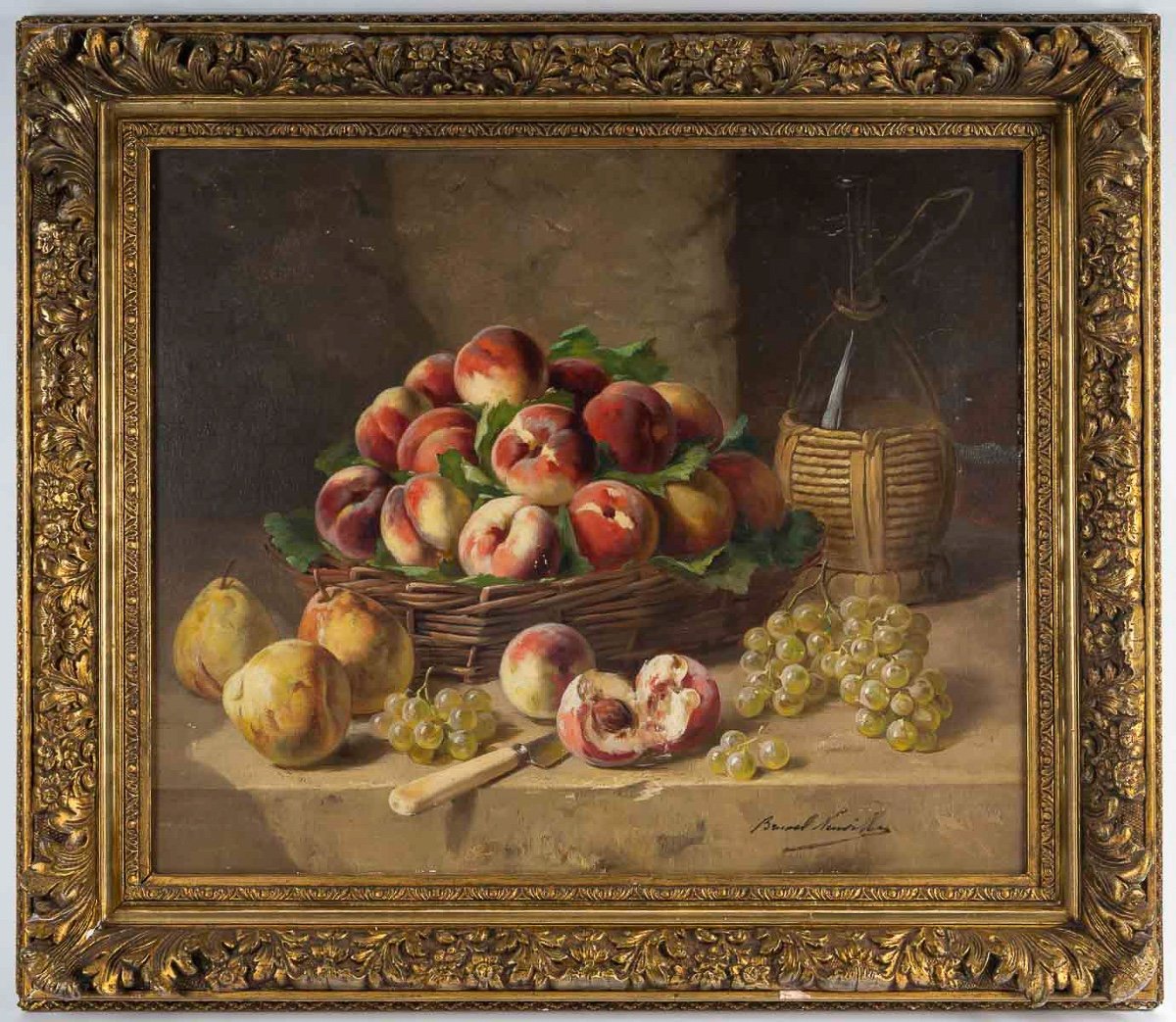 Alfred Arthur Brunel De Neuville Still Life With Peaches Pears And Grapes Oil On Canvas-photo-6