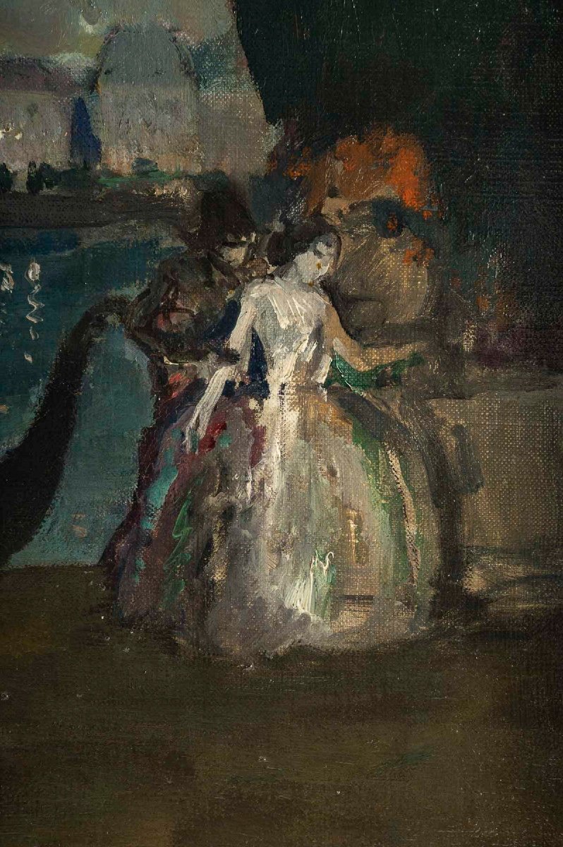 Marcel Cosson (1878-1956) Arlequin Et Colombine à Venise Huile Sur Toile Vers 1900-photo-2