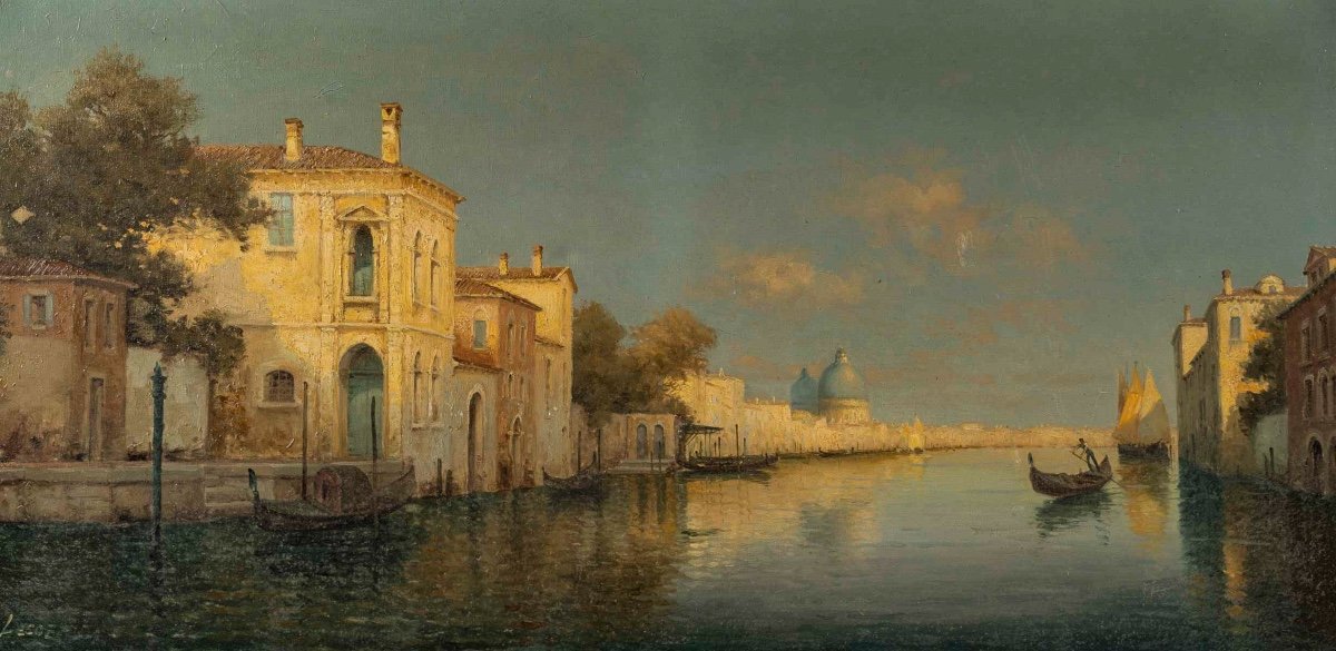 Alphonse Lecoz A Canal In Venice And The Santa Maria Della Salute In The Background Oil On Canvas-photo-2