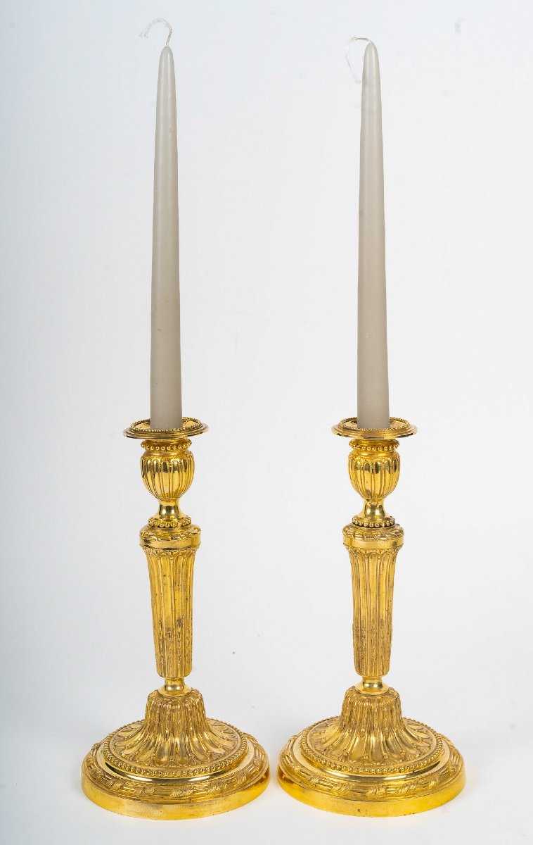 Pair Of Chiseled Gilt Bronze Candlesticks Louis XVI Period Circa 1780-photo-2