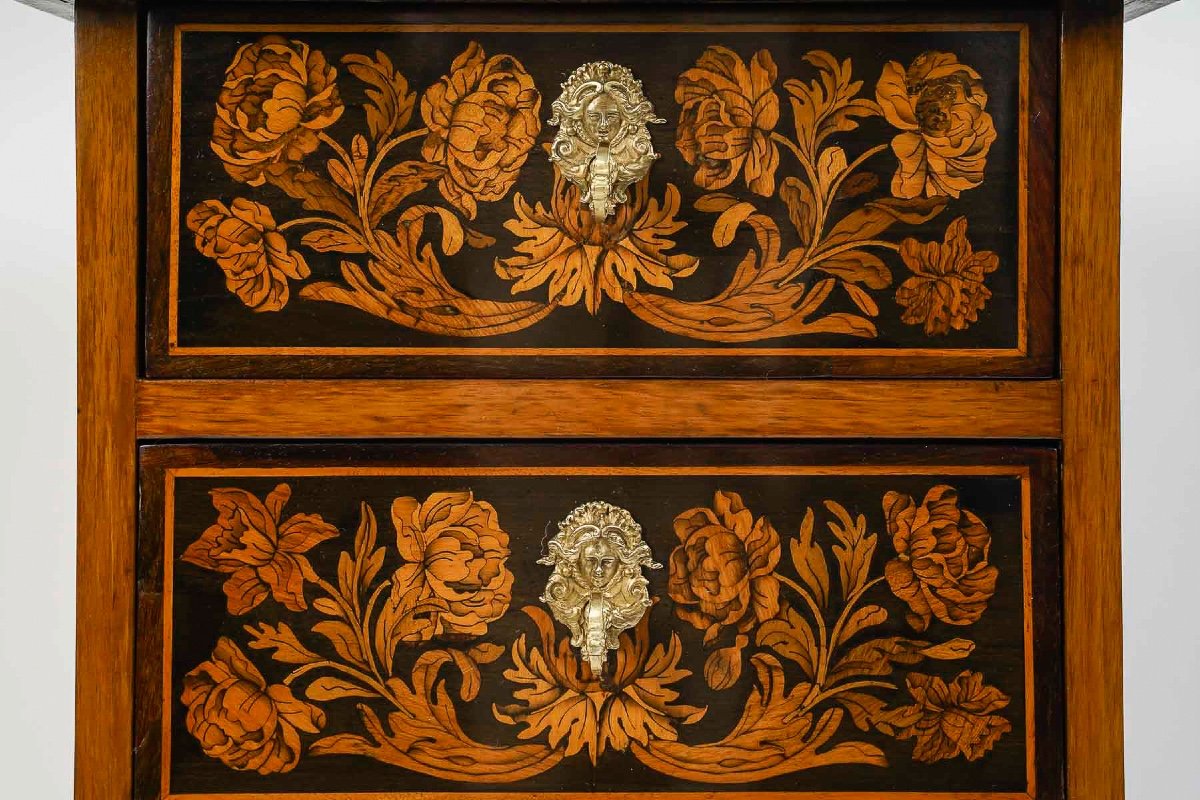 Small Piece Of Furniture In Marquetry Decorated With Flowers And Birds, French Louis XIV Period-photo-3