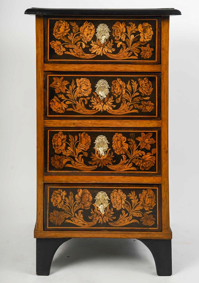 Small Piece Of Furniture In Marquetry Decorated With Flowers And Birds, French Louis XIV Period