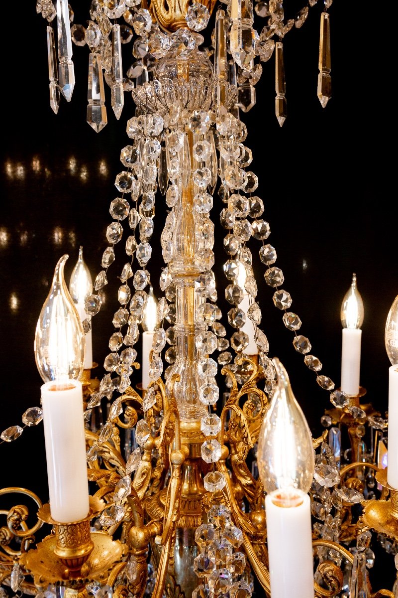 Louis XVI Style Chandelier In The Shape Of A Rod In Chiseled Gilded Bronze And Cut Crystal Signed Portieux-photo-3